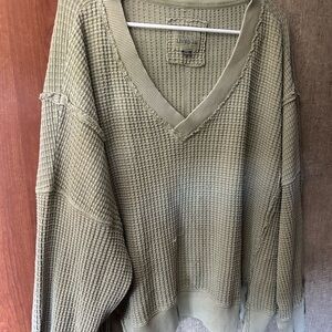 American Eagle Olive Green Waffle V-Neck Sweater